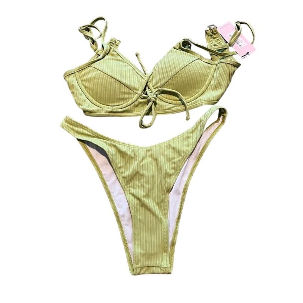 Trendy‎ Ribbed Olive Green Bikini Set Underwire Top High-Cut Bottom Swimwear